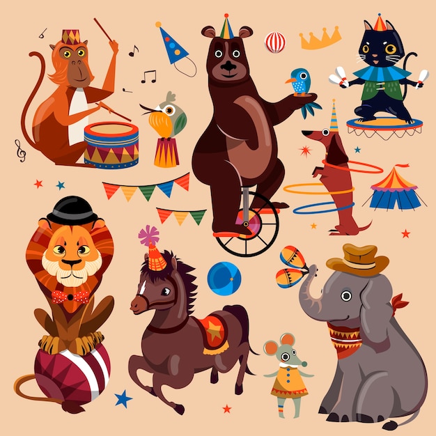 Attractive circus animals set with entertained tricks