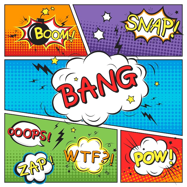 Vector attractive comic sound effect set  on colorful comic strip template