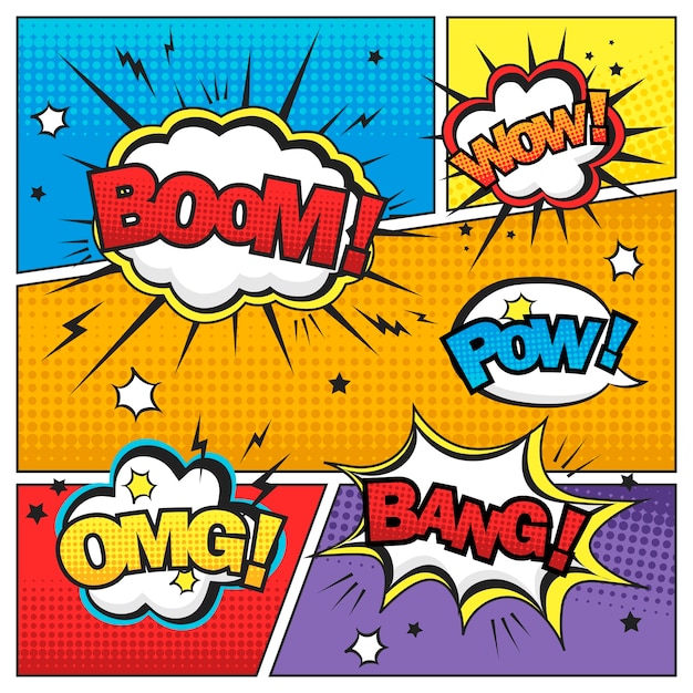 Attractive comic sound effect set  on colorful comic strip template