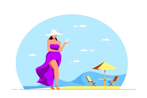 와인 한잔과 함께 해변에서 산책하는 매력적인 우아한 더하기 크기 여자. 여름 방학. 플랫 스타일 일러스트