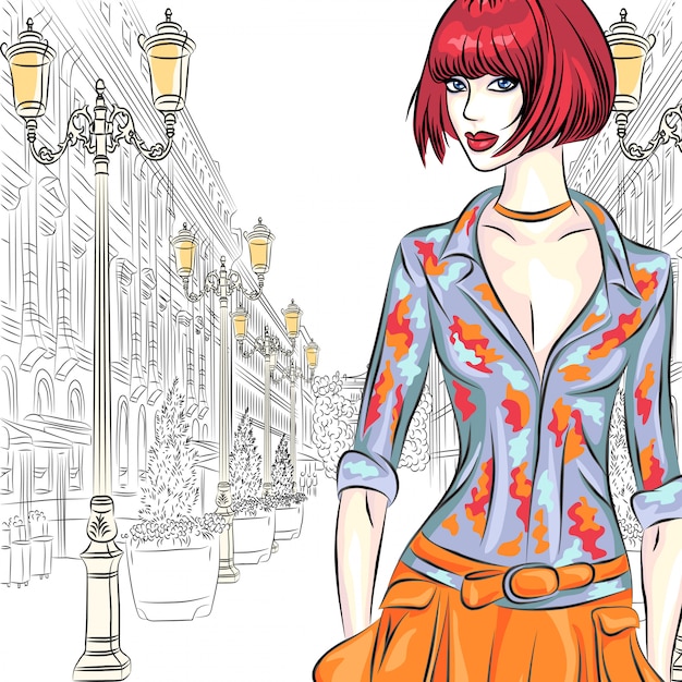 Attractive fashion girl in sketch-style on a wide street with lanterns in St. Petersburg