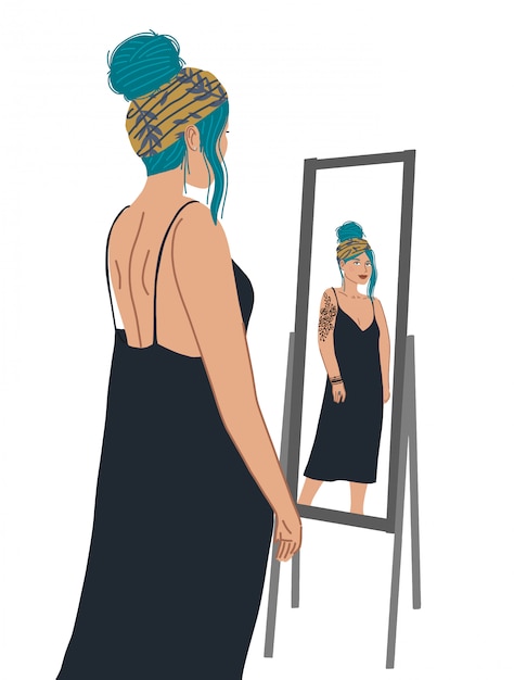 Vector attractive girl character standing in front of the mirror and looking at a reflection.