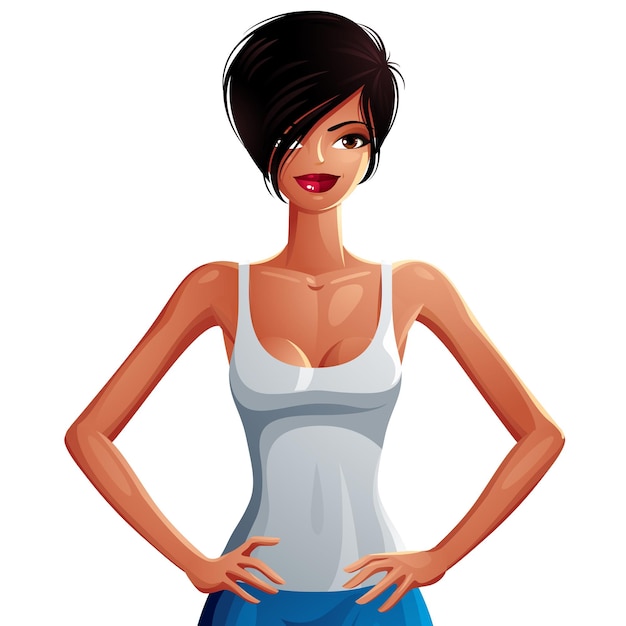 Vector attractive girl holds her hands on a slender waist, colorful illustration. sexy tanned woman, casual lady.