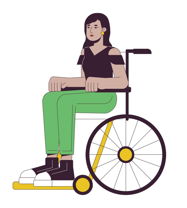 Vector 車椅子に乗っている魅力的な女の子 フラットライン カラーベクトルキャラクター 包 ⁇ 性 コミュニティメンバー 編集可能な輪郭 ホワイトに全身の人物 ウェブグラフィックデザインのためのシンプルな漫画スポットイラスト