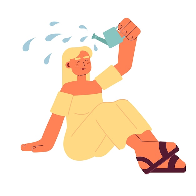 Vector attractive happy blonde woman watering herself semi flat colorful vector character