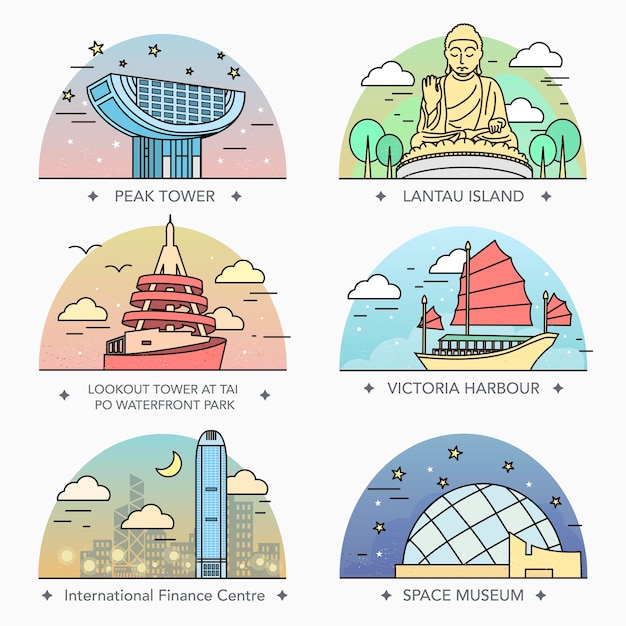 Vector attractive hong kong travel collections design in thin line style