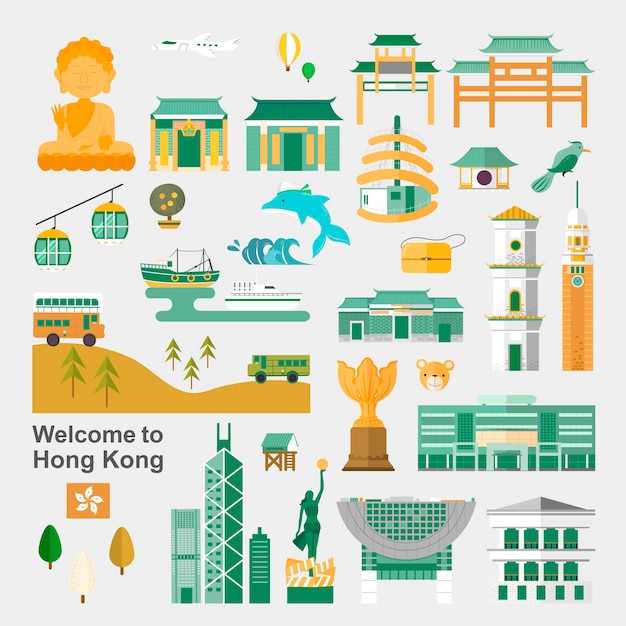 フラットなデザインの魅力的な香港旅行コンセプトコレクション