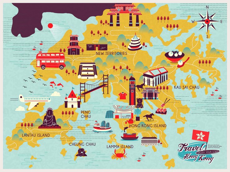 Vector attractive hong kong travel map with attractions icons in flat design