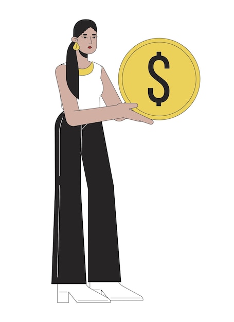 Attractive latina woman holding golden coin flat line color vector character editable outline full body person saving money on white simple cartoon spot illustration for web graphic design