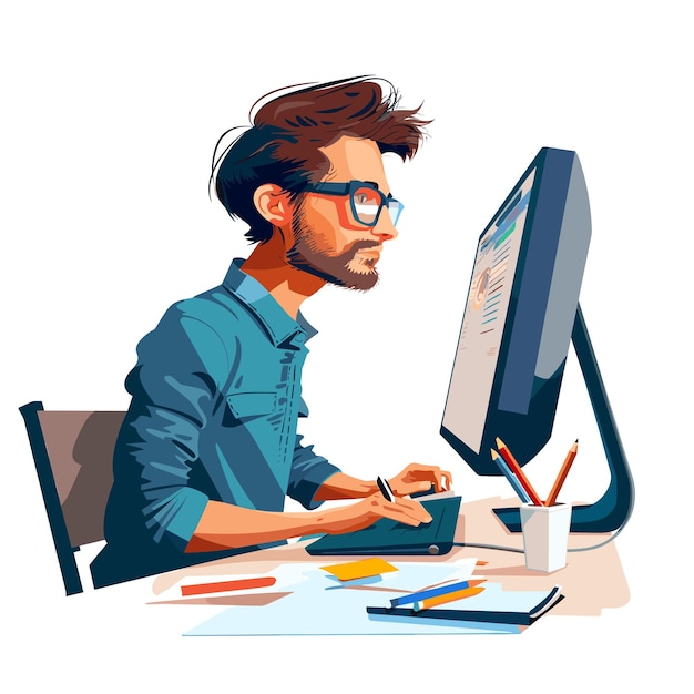 Vector attractive man graphic designer working at computer