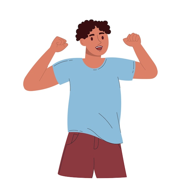 An attractive man rejoices hands up vector illustration flat