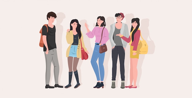 カジュアルな服を着た女性の男性の漫画のキャラクターが一緒に立っている魅力的な男性女性グループ
