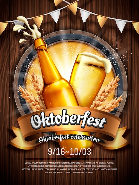 魅力的なオクトーバーフェストのお祝い、木の板に分離されたさわやかな飲み物とビール祭りのポスター、オクトーバーフェストはドイツ語でビール祭りを意味します