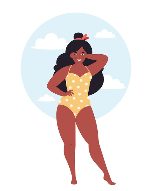 Attractive overweight black woman in swimsuit on tropical leaves background. Hello summer