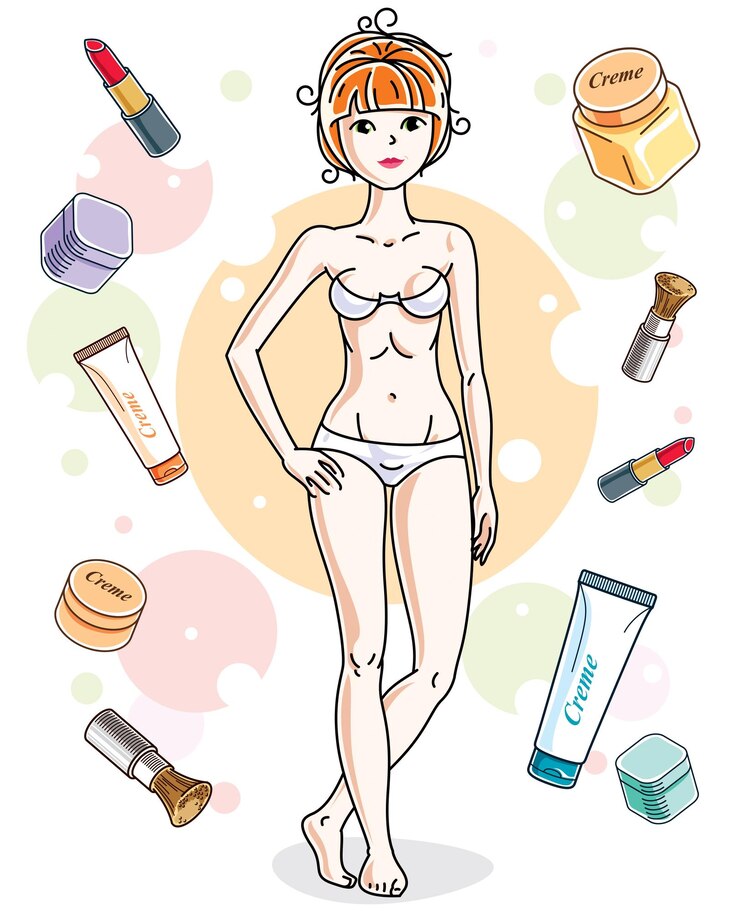Vector attractive red-haired woman in underwear posing on colorful background with creme, lipstick, blusher and different tubes. vector nice lady illustration.