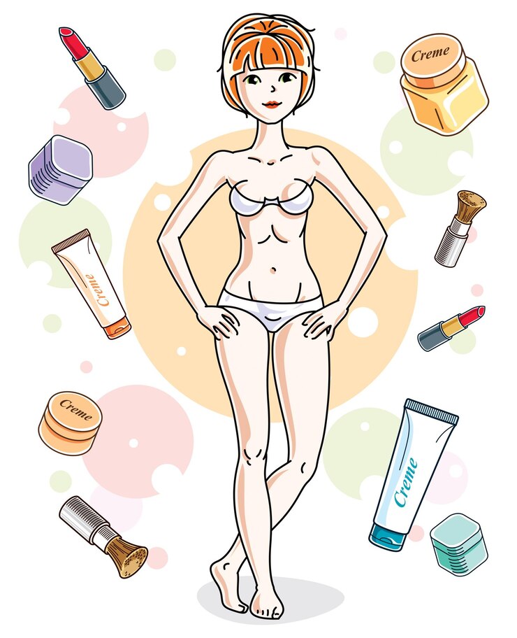 Vector attractive red-haired woman in underwear posing on colorful background with creme, lipstick, blusher and different tubes. vector nice lady illustration.
