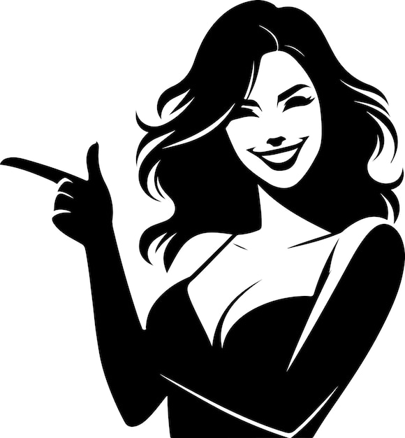 Attractive smiling happy woman pointing fingers right vector black color silhouette 11