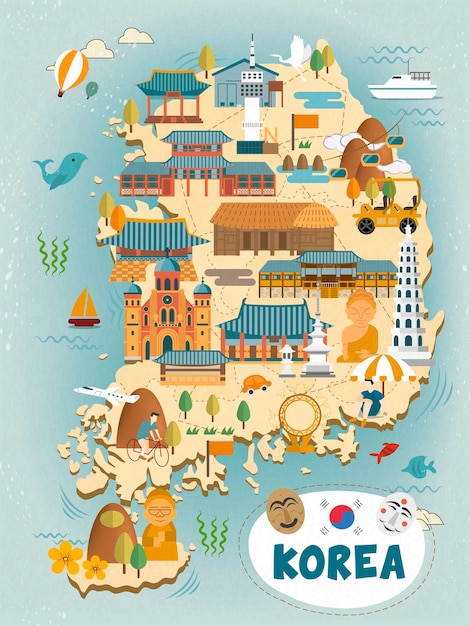 ベクトル フラットスタイルの魅力的な韓国旅行地図