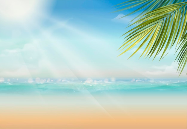 Vector attractive summer resort with palm leaves and vast ocean in 3d style