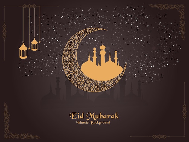 Attractive Traditional Eid Mubarak festival card with frame crescent moon and lantern