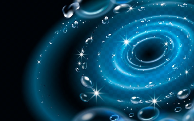 Attractive whirlpool effects, glowing blue lights with waterdrops isolated  in 3d illustration