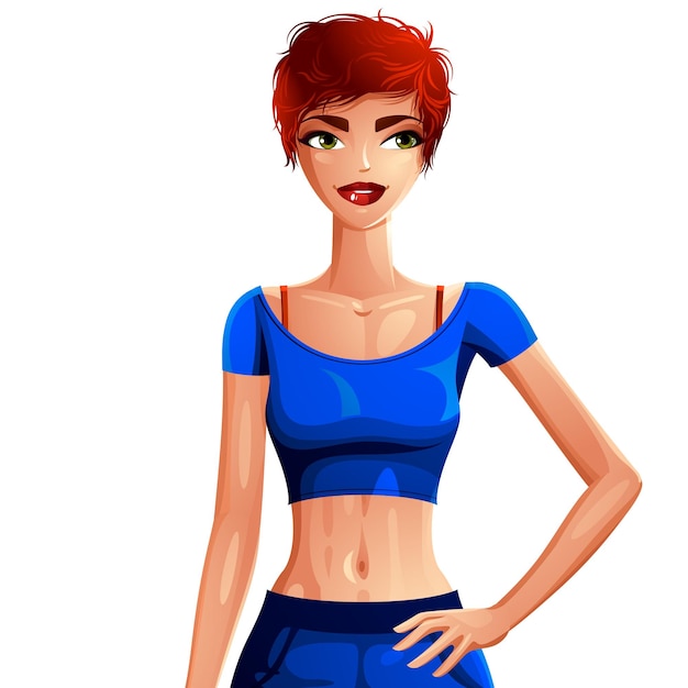 Vector attractive white-skin girl in a sportswear, colorful illustration. sexy caucasian woman holding hand on her waist, beautiful red-haired female.