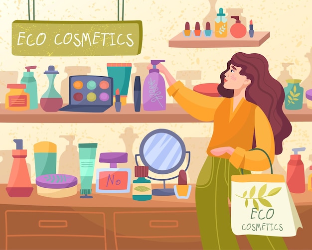 Vector attractive woman shopping for eco cosmetics with natural ingredients in a store reaching up to a she...