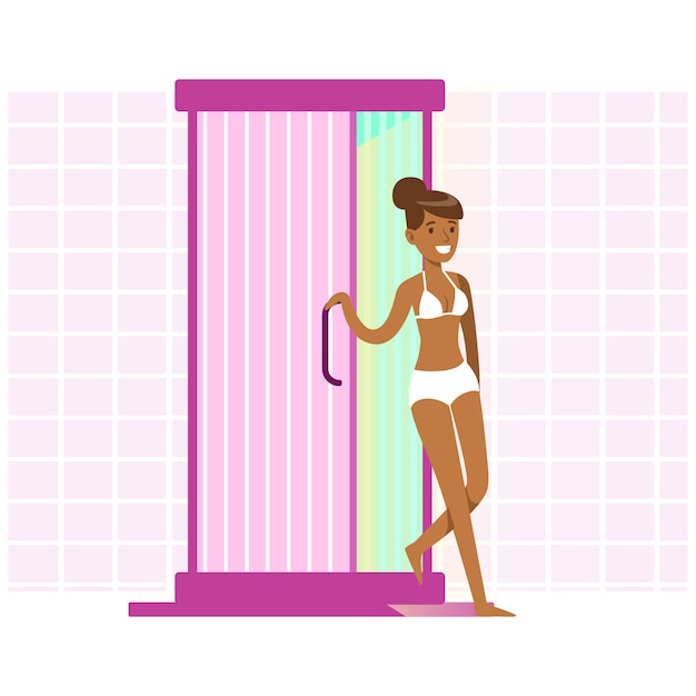 Attractive woman tanning in solarium. Colorful cartoon character  Illustration