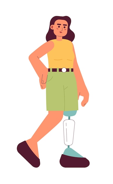 バイオニクス・レッグ・プロテーシス (semi-flat color vector character) を搭載した女性全身をエディテーションできる白のプロテーチス・膝を搭載した強力な女性ウェブグラフィックデザインのためのシンプルな漫画スポットイラスト