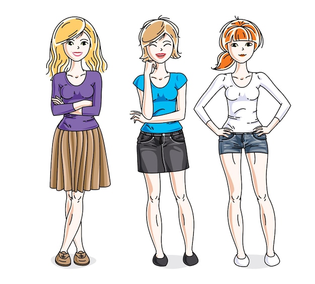 Attractive young adult girls female group standing in stylish casual clothes. Vector set of beautiful people illustrations.