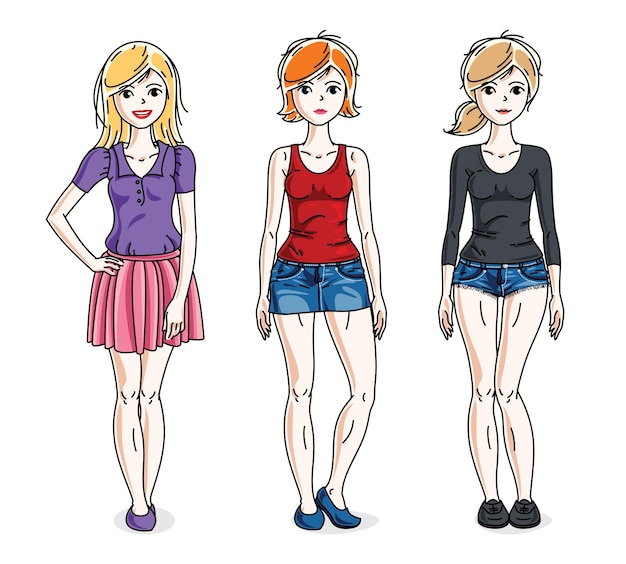 Привлекательные молодые взрослые девушки, стоящие в повседневной одежде. Набор векторных иллюстраций людей. Мультфильмы на тему моды и образа жизни.