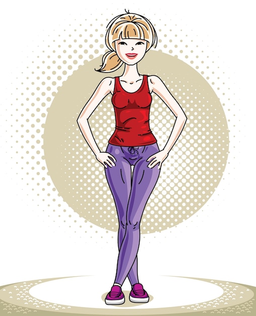 Attractive young blonde sportswoman adult standing. Vector illustration of lady wearing leggings and T-shirt.  Sport style.