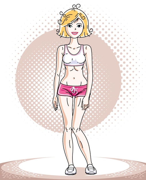 Attractive young blonde sportswoman adult standing. Vector illustration of lady wearing pink shorts.  Sport style.