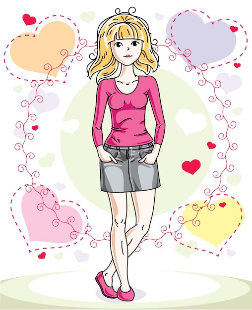 Attractive young blonde woman adult standing on colorful backdrop with Valentine romantic hearts in casual clothes. Vector human illustration.