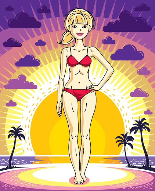 Attraente giovane donna bionda in posa sullo sfondo del paesaggio al tramonto con le palme e indossando bikini rosso. illustrazione vettoriale bella signora. clipart a tema a vita.