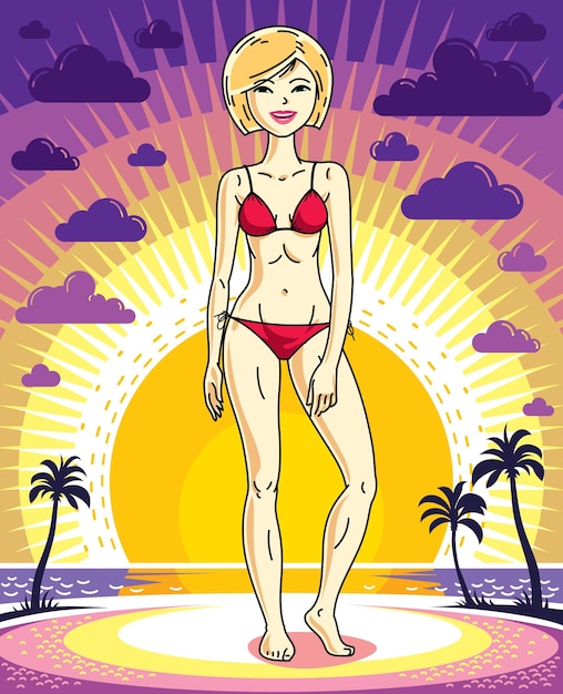 Attraente giovane donna bionda in posa sullo sfondo del paesaggio al tramonto con le palme e indossando bikini rosso. illustrazione vettoriale bella signora. clipart a tema a vita.