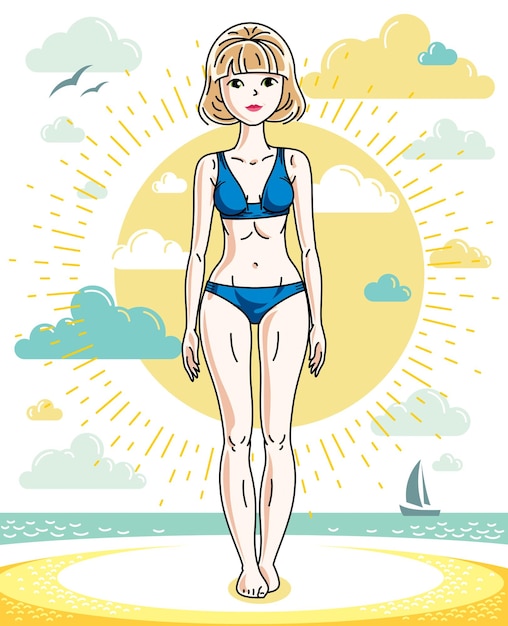 Vector attractive young blonde woman posing on tropical beach and wearing blue bikini. vector nice lady illustration. summertime theme clipart.