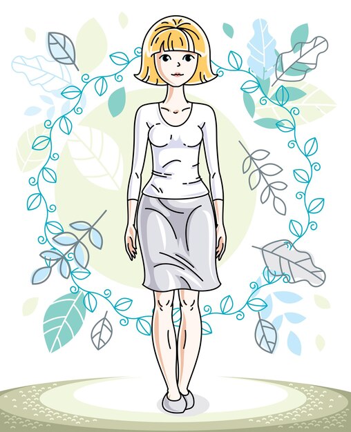 Vector attractive young blonde woman standing on background of spring landscape with blue leaves and wearing stylish casual clothes. vector human illustration.