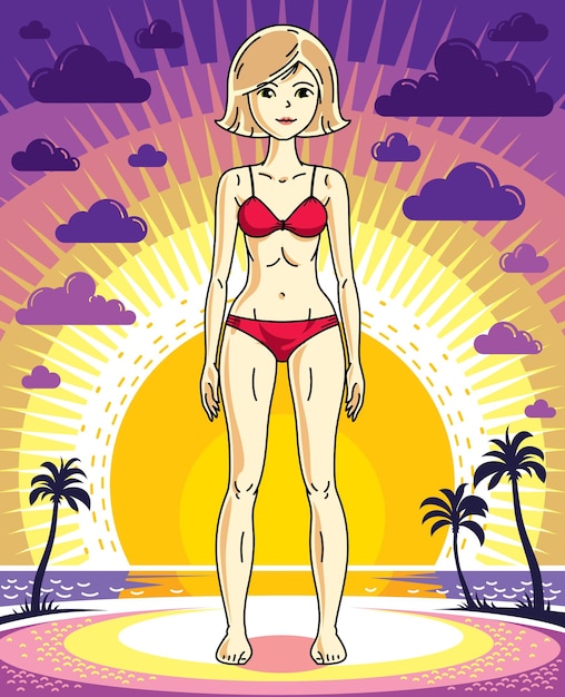 Attractive young blonde woman standing on sunset landscape with palms and wearing red bathing suit. vector human illustration