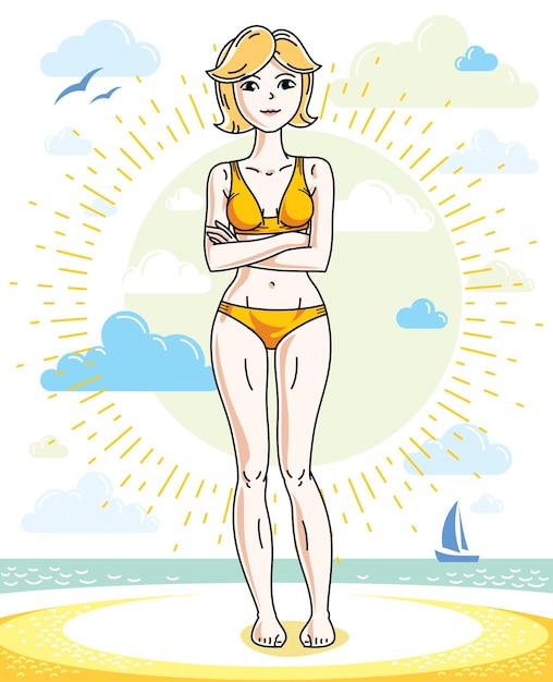 Attractive young blonde woman standing on tropical beach and wearing bathing suit. Vector human illustration. Summer vacation theme.