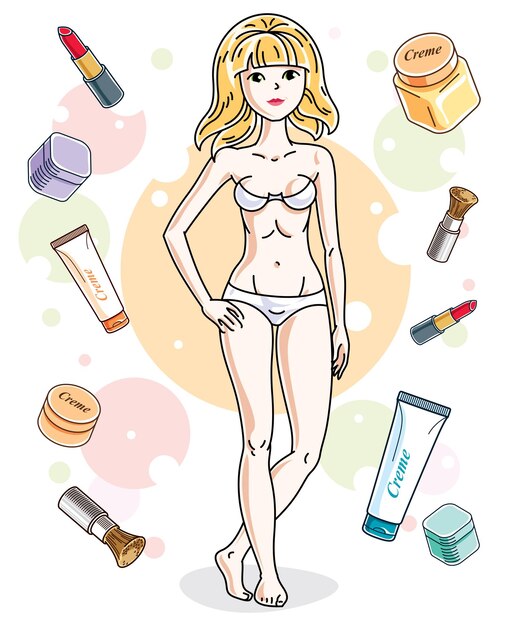 Attractive young blonde woman in underwear standing on colorful background with cosmetic accessories. Vector human illustration.