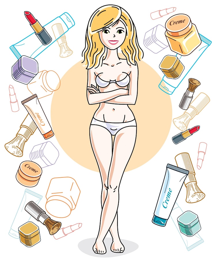 Vector attractive young blonde woman in underwear standing on colorful background with cosmetic accessories. vector human illustration.
