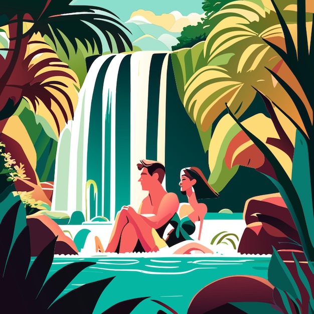 Vector attractive young couple having fun relaxing at beautiful waterfall vector illustration