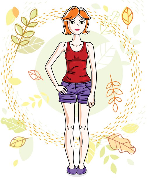 Attractive young red-haired woman posing on background of autumn landscape and wearing different casual clothes. Vector nice lady illustration. Fashion theme clipart.