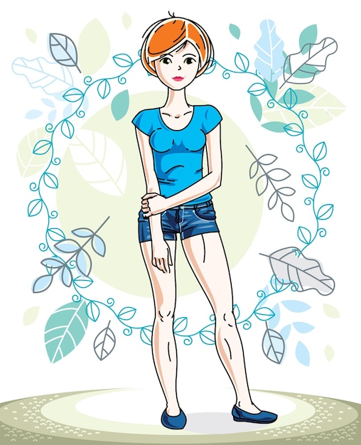 Attractive young red-haired woman posing on background of spring landscape and wearing different casual clothes. Vector nice lady illustration. Springtime theme clipart.