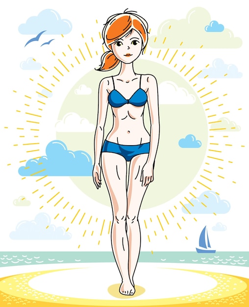 Привлекательная молодая рыжеволосая женщина позирует на тропическом пляже и носит синее бикини. Векторная милая леди. Клипарт на летнюю тематику.