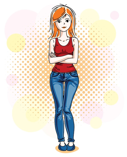 Attractive young red-haired woman standing on colorful background with bubbles and wearing casual clothes. Vector human illustration.