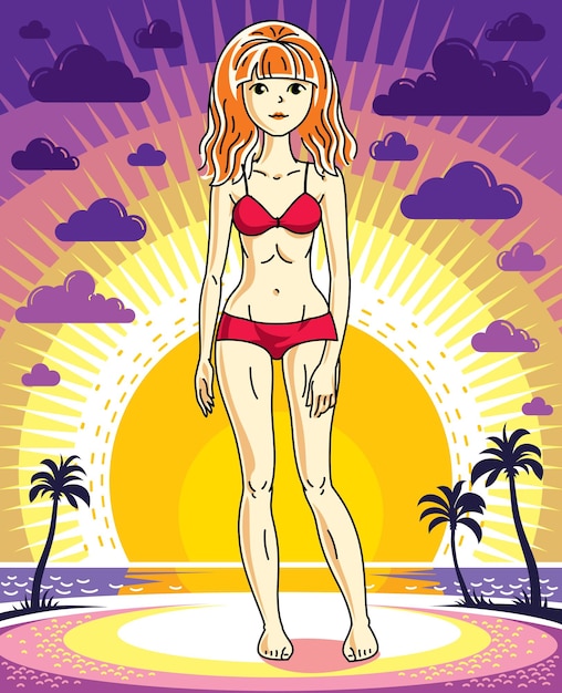 Attractive young red-haired woman standing on sunset landscape with palms and wearing red bathing suit. Vector human illustration.