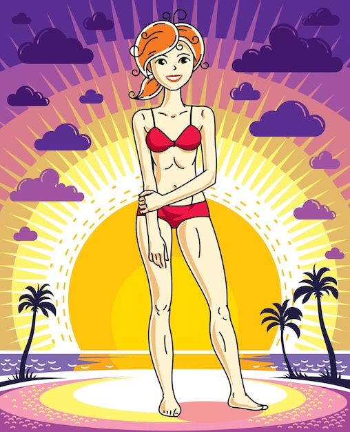 Attractive young red-haired woman standing on sunset landscape with palms and wearing red bathing suit. Vector human illustration.