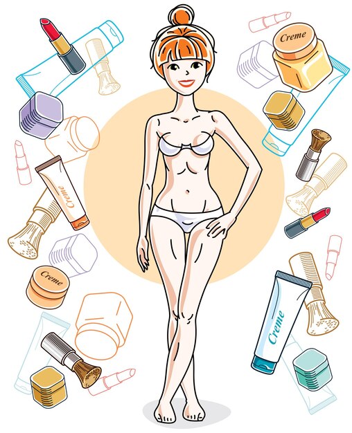 Attraente giovane donna dai capelli rossi in biancheria intima in piedi su sfondo colorato con accessori cosmetici. illustrazione umana vettoriale.